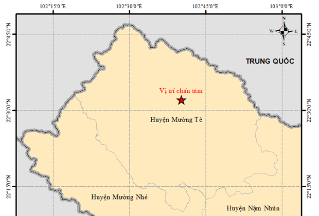 Epicentre of the earthquake (star) in Muong Te District, Lai Chau Province on March 3 (Photo: Institute of Geophysics) Epicentre of the earthquake (star) in Muong Te District, Lai Chau Province on March 3 (Photo: Institute of Geophysics)