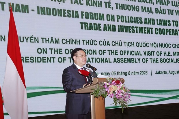 NA Chairman Vuong Dinh Hue addresses the Vietnam-Indonesia Forum on Policies and Laws in Jakarta on August 5. (Photo: VNA)