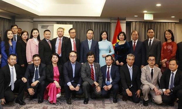 President Vo Van Thuong (sixth from the right) has a meeting with representatives of the Vietnamese community in the US. (Photo: VNA)
