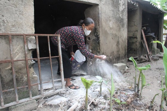 A resident in Cam Duong Commune, Cam Xuyen District, Ha Tinh Province performs disinfection measure with lime powder in the livestock area. A resident in Cam Duong Commune, Cam Xuyen District, Ha Tinh Province performs disinfection measure with lime powder in the livestock area.