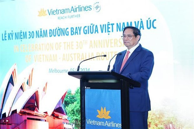 PM Pham Minh Chinh speaks at the event. (Photo: VNA) vna-potal-thu-tuong-pham-minh-chinh-du-le-ky-niem-30-nam-mo-duong-bay-viet-nam-australia-cua-vietnam-airlines-7255192-7652.jpg
