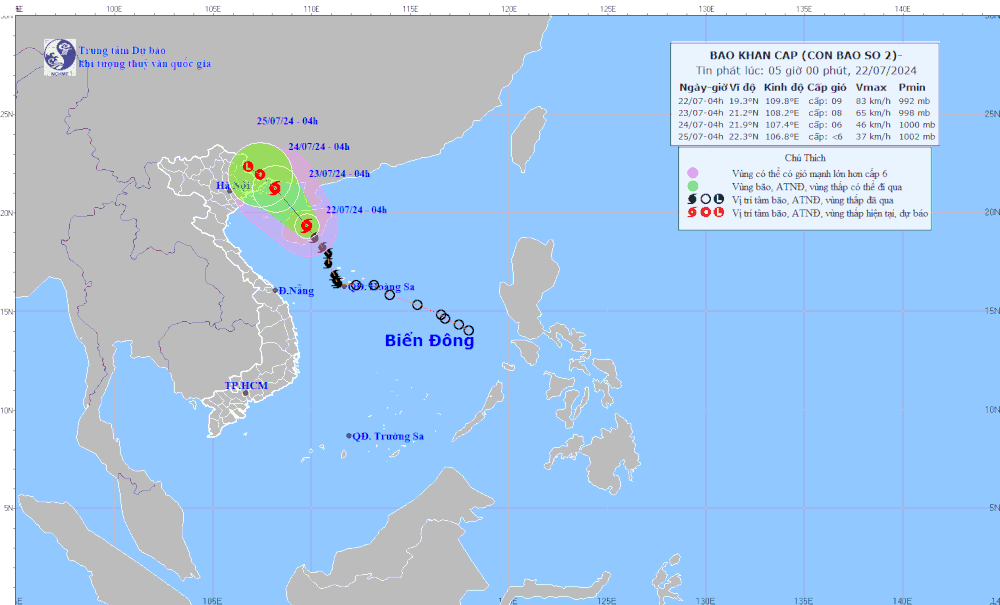 Path of storm Prapiroon on July 22 morning (Photo: the National Meteorological and Hydrological Forecasting Center) bao.jpg