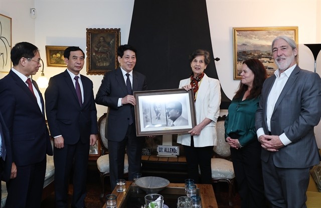 President Luong Cuong (third, left) presents a photo to Senator Isabel Allende, a daughter of the late Chilean President (Photo: VNA) LC.jpg