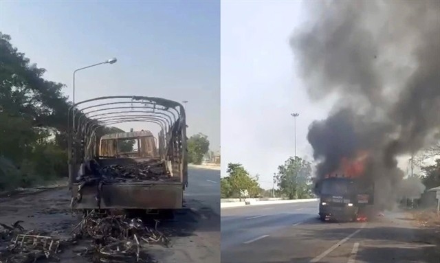 A truck that was carrying bicycles and equipment of Vietnam and Singapore teams, catches fire on the way from Bangkok to Phitsanulok for the 2025 Asian Road Cycling Championships. (Photos courtesy of VCF) Bike.jpg