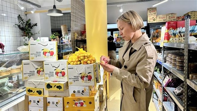 A consumer try Vietnamese lychees at a supermarket in Paris. (Photo: VNA) thumbstand-1.jpg