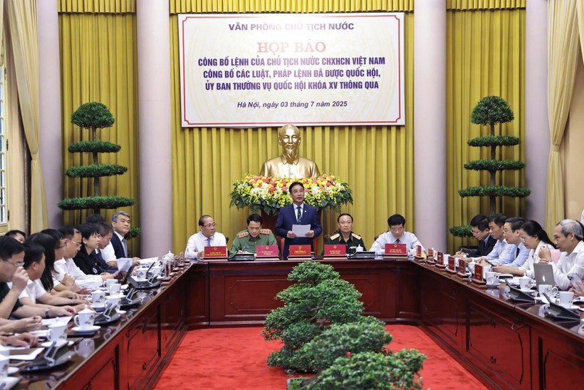 Deputy head of the Presidential Office Pham Thanh Ha (C) speaks at the press conference on July 3. (Photo: VNA) pham-thanh-ha.jpg