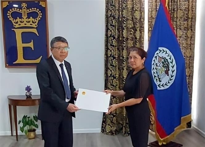 Vietnamese Ambassador to Mexico and Belize Nguyen Van Hai (L) presents his letter of credentials to Governor-General of Belize Dame Froyla Tzalam at a ceremony on July 14. (Photo: VNA) vna-potal-viet-nam-belize-tang-cuong-ung-ho-lan-nhau-tren-cac-dien-dan-da-phuong-8149799.jpg