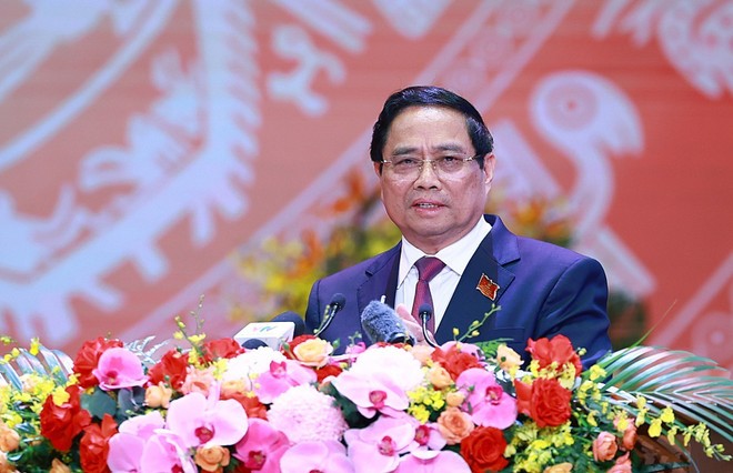 PM Pham Minh Chinh speaks at the ceremony. (Photo: VNA) vna-potal-tong-bi-thu-to-lam-du-le-ky-niem-80-nam-thanh-lap-chinh-phu-8222379.jpg