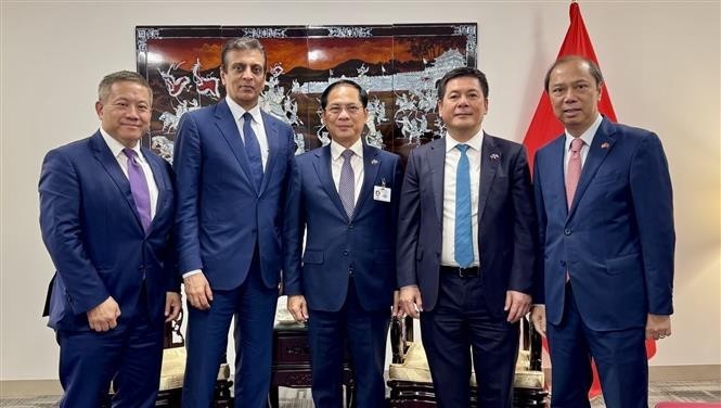Deputy Prime Minister Bui Thanh Son (C) meets with Raj Subramaniam, President and Chief Executive Officer of the US’s FedEx Corporation. (Photo: VNA) bui-thanh-son.jpg