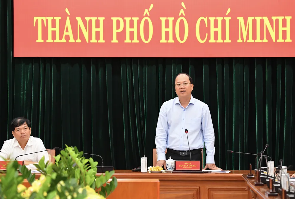 Phó Bí thư Thành ủy TPHCM Nguyễn Hồ Hải phát biểu tại buổi làm việc. Ảnh: VIỆT DŨNG