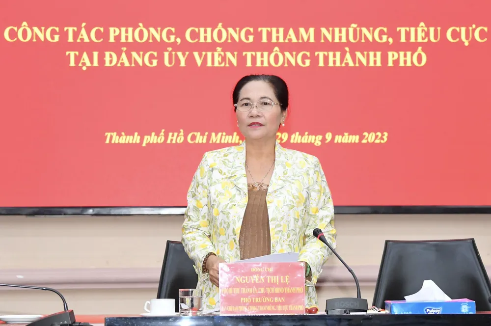 Phó Trưởng Ban Chỉ đạo phòng, chống tham nhũng, tiêu cực TPHCM Nguyễn Thị Lệ phát biểu tại buổi kiểm tra. Ảnh: VIỆT DŨNG Phó Trưởng Ban Chỉ đạo phòng, chống tham nhũng, tiêu cực TPHCM Nguyễn Thị Lệ phát biểu tại buổi kiểm tra. Ảnh: VIỆT DŨNG