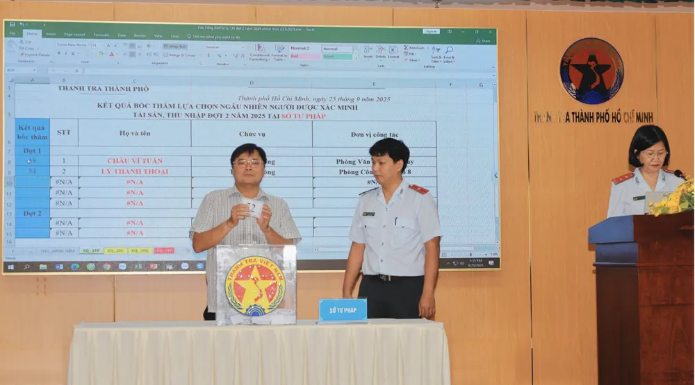Đại diện Thanh tra Thành phố công bố các số thứ tự được xác minh tài sản, thu nhập. Ảnh ĐAN QUẾ 2.png