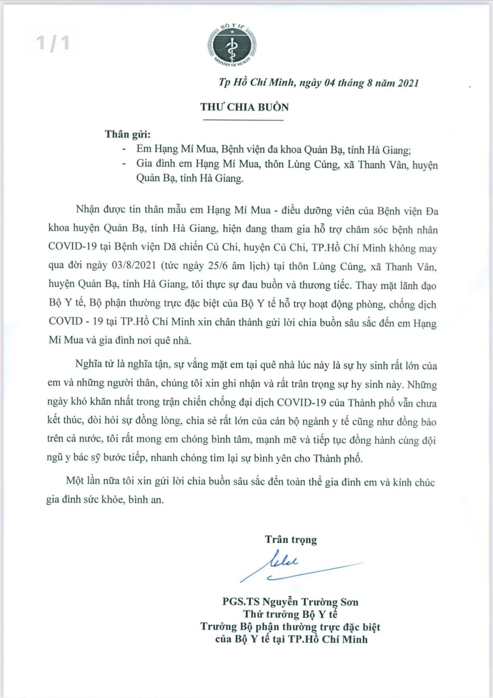 Thứ trưởng Bộ Y tế gửi thư chia buồn với điều dưỡng mất người thân không về chịu tang được ảnh 1 Thứ trưởng Bộ Y tế gửi thư chia buồn với điều dưỡng mất người thân không về chịu tang được ảnh 1