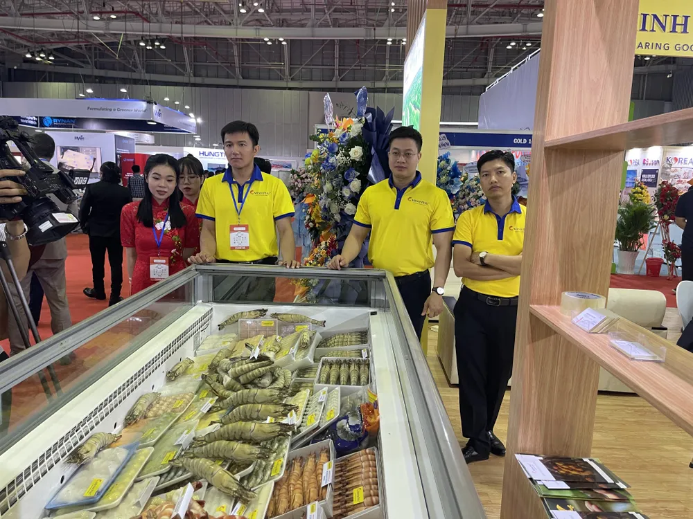 Nhiều tôm sú thiên nhiên với trọng lượng gần 0,5kg được trưng bày tại hội chợ Nhiều tôm sú thiên nhiên với trọng lượng gần 0,5kg được trưng bày tại hội chợ