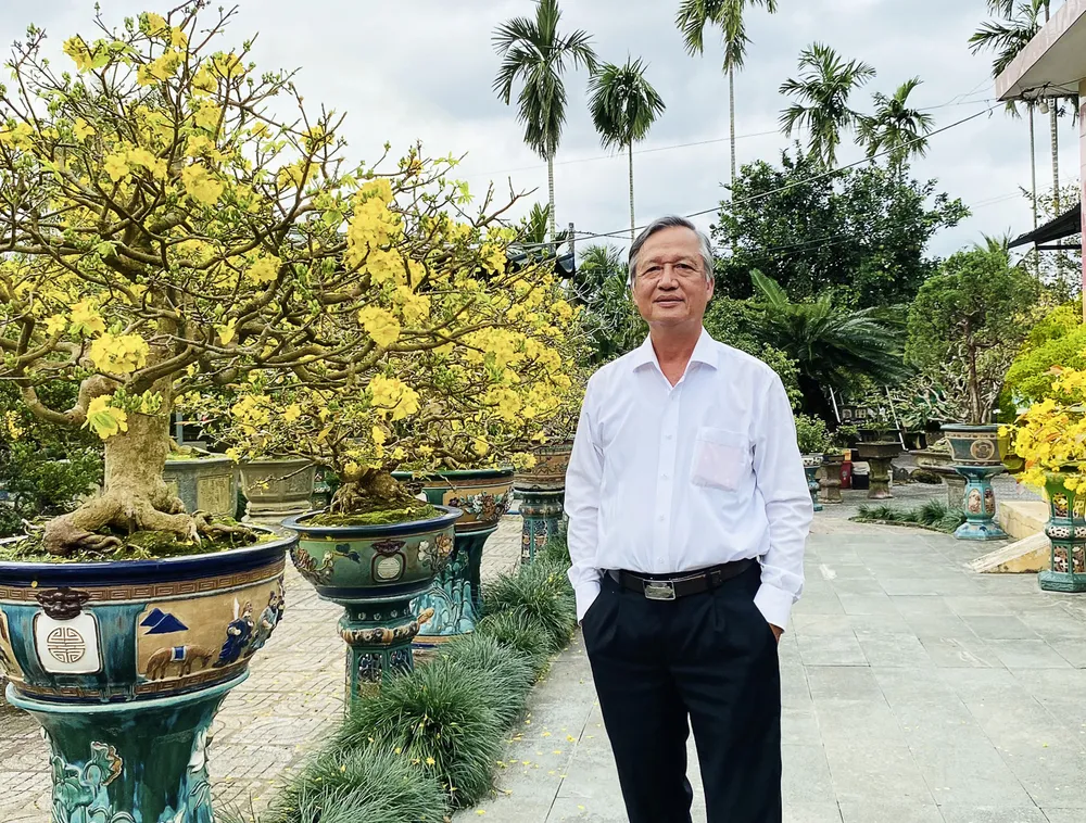 Ông Phan Bình trong vườn hoa mai nở vào mỗi độ tết đến, xuân về Ông Phan Bình trong vườn hoa mai nở vào mỗi độ tết đến, xuân về