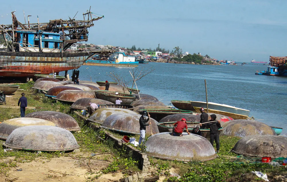 Tại cửa biển Sa Cần, ngư dân có nghề câu mực đang sửa sang lại thúng để ra khơi. Ảnh: NGUYỄN TRANG