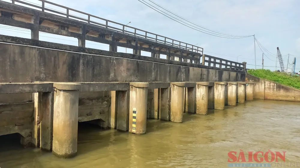 Mức độ thấm lậu, rò rỉ của các cửa cống gây nguy cơ xâm nhập mặn. Ảnh: NGUYỄN TRANG Mức độ thấm lậu, rò rỉ của các cửa cống gây nguy cơ xâm nhập mặn. Ảnh: NGUYỄN TRANG