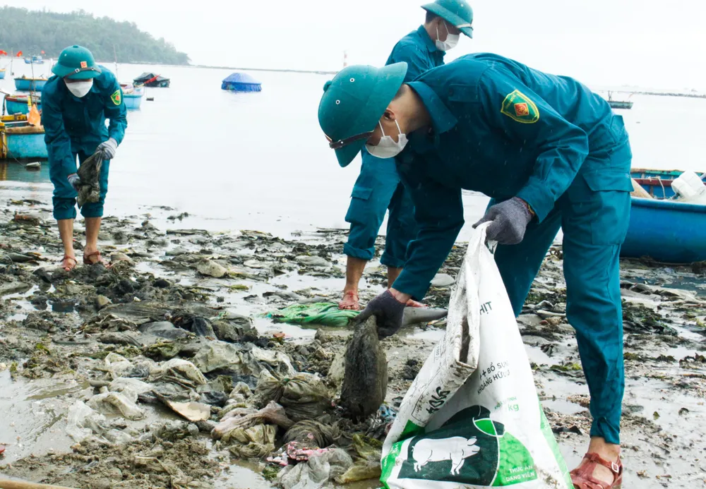 Lực lượng dân quân địa phương tham gia thu gom rác thải. Ảnh: NGUYỄN TRANG Lực lượng dân quân địa phương tham gia thu gom rác thải. Ảnh: NGUYỄN TRANG