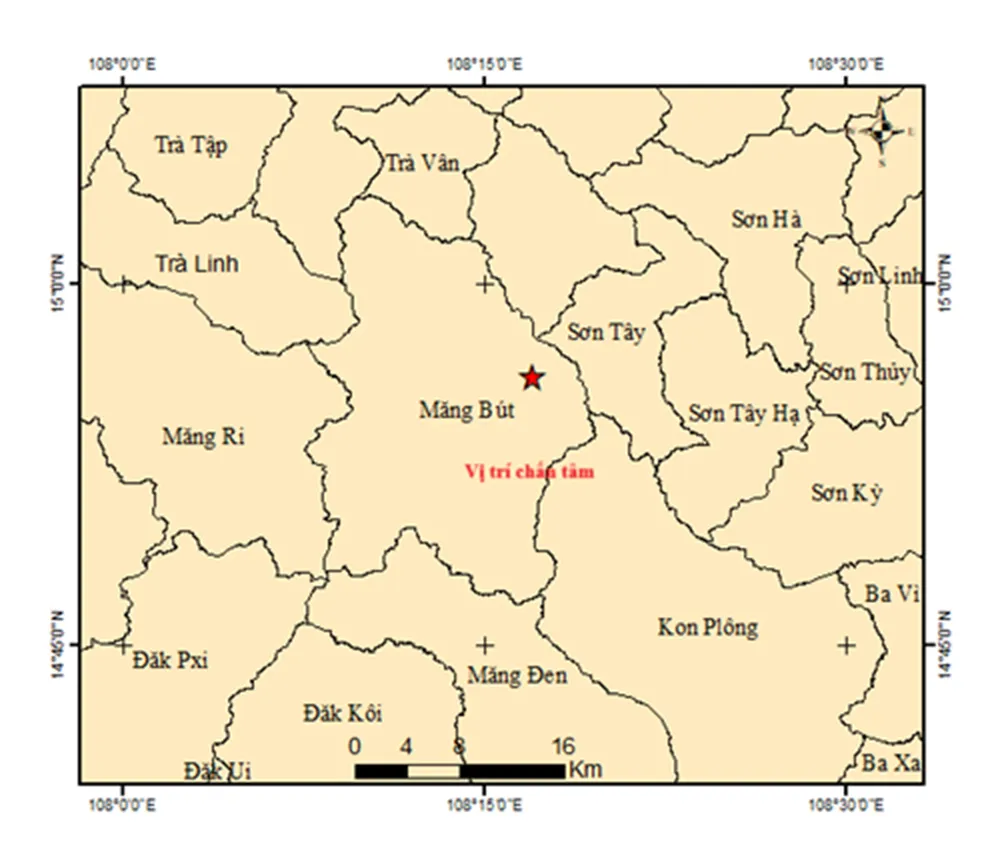 Bản đồ chấn tâm động đất ngày 16-7 tại xã Măng Bút, Quảng Ngãi. Ảnh: nguồn igp-vast.vn vị trí chấn tiêu.jpg