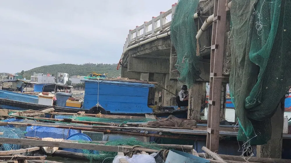 Cầu Thạch Đức đã xuống cấp nhưng dưới chân cầu nhiều tàu cá neo đậu, chằng dây buộc vào thành cầu, gây nguy cơ sập cầu neo đậu