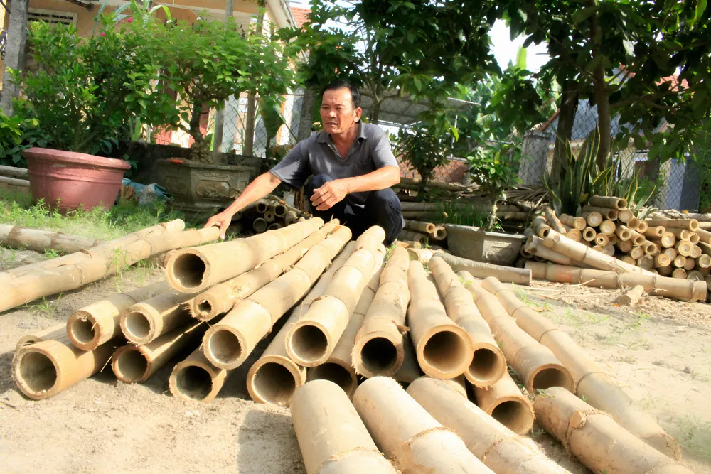 Những cây tre được ông Trần Phương phơi nắng trước khi làm giường. Ảnh: NGUYỄN TRANG xóm giường (1).jpg
