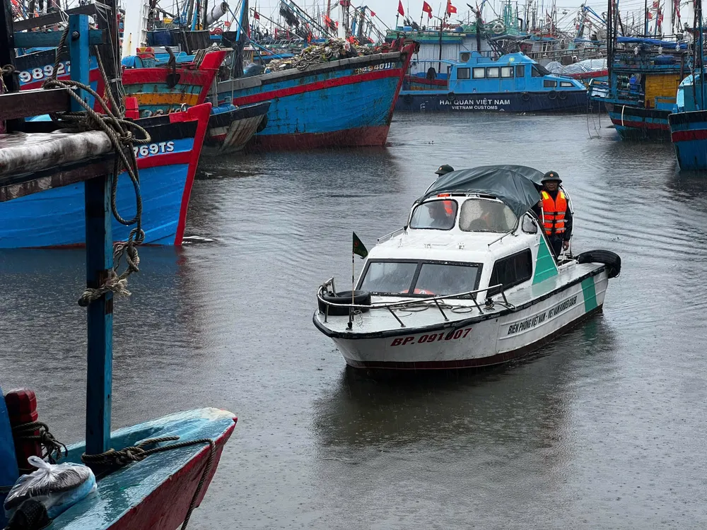 Bộ đội Biên phòng tuần tra theo dõi neo đậu tàu cá tại cảng cá Tịnh Hòa. Ảnh: NGUYỄN TRANG 458aed1228d2a28cfbc3.jpg