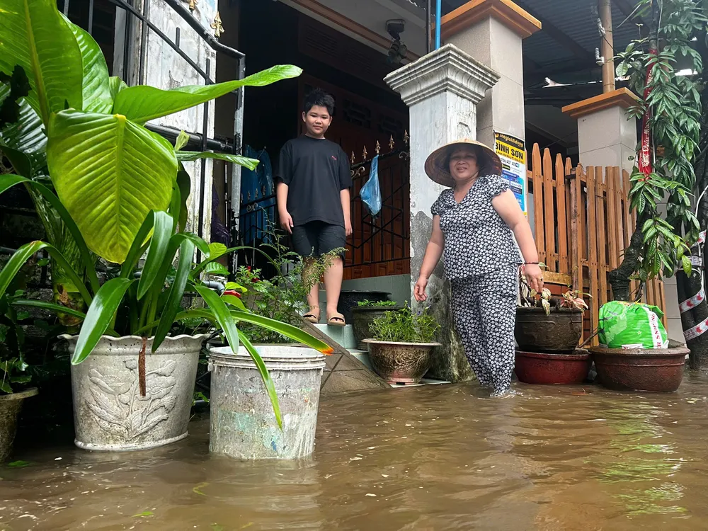 Dọn dẹp những chậu cây cảnh lên cao để tránh lũ. Ảnh: NGUYỄN TRANG bình dương (4).jpg