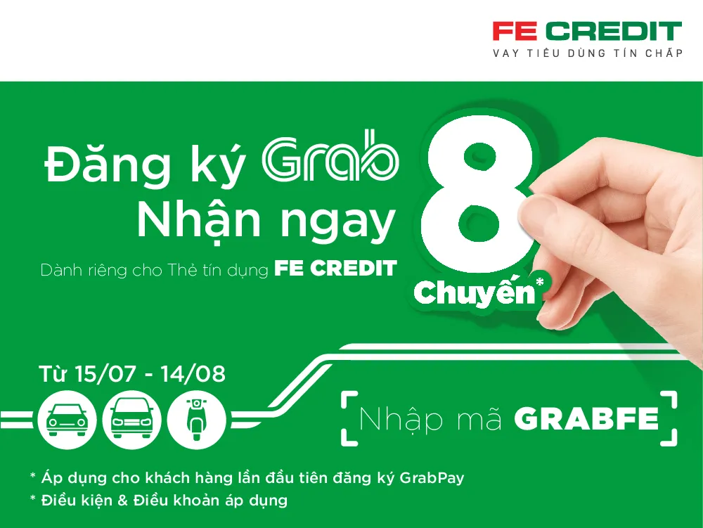 “Đăng ký GrabPay – Nhận ngay 8 chuyến” dành riêng cho tất cả chủ thẻ tín dụng FE CREDIT ảnh 1 “Đăng ký GrabPay – Nhận ngay 8 chuyến” dành riêng cho tất cả chủ thẻ tín dụng FE CREDIT ảnh 1