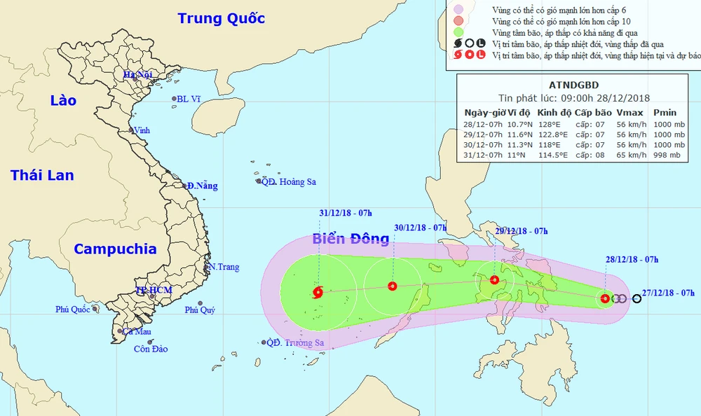 Dự báo về đường đi của áp thấp nhiệt đới có thể mạnh lên thành bão. Ảnh: TTDBKTTVQG
