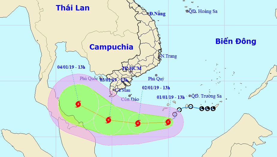 Dự báo đường đi của cơn bão số 1 - Pabuk. Ảnh: TTDBKTTVQG