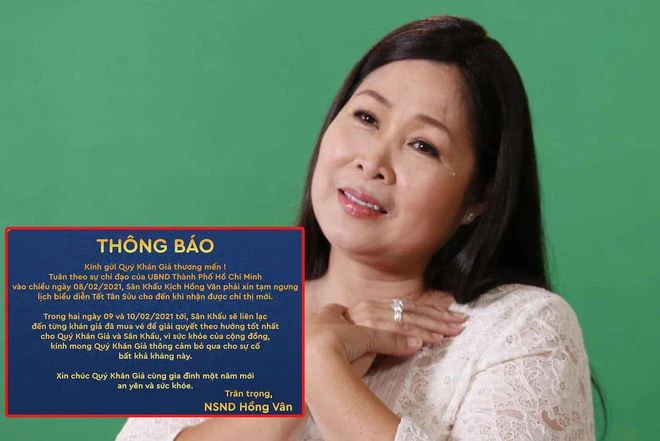  NSND Hồng Vân đăng tải thông báo đóng cửa sân khấu, do ảnh hưởng của dịch Covid-19. ẢNH: FBNV