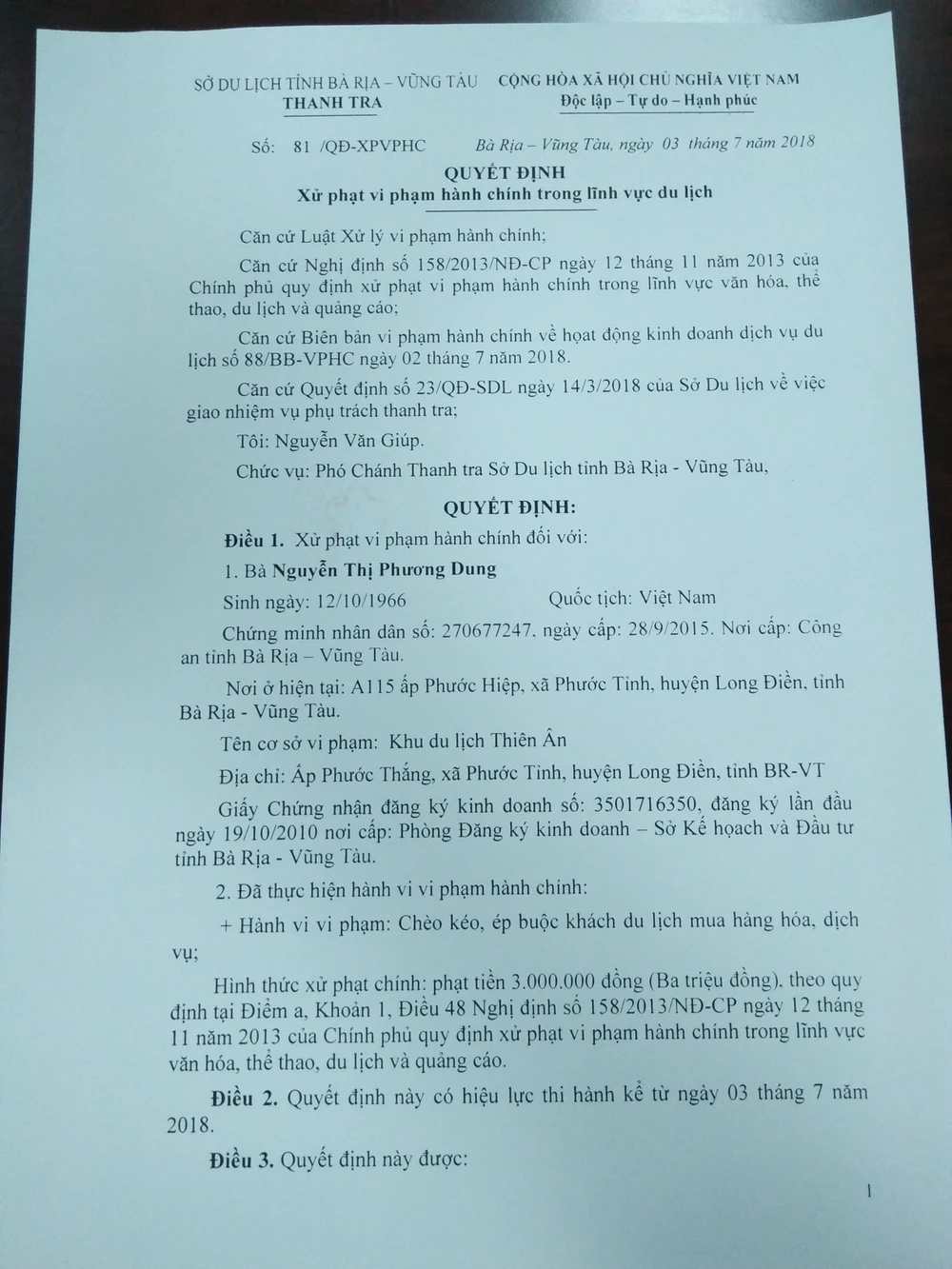  Quyết định xử phạt khu du lịch Thiên Ân 