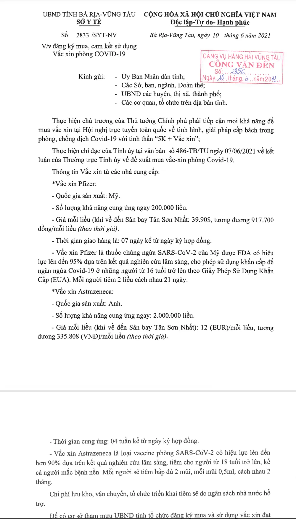 Bà Rịa - Vũng Tàu thu hồi văn bản đăng ký mua 2,2 triệu liều vaccine phòng Covid-19 ảnh 1