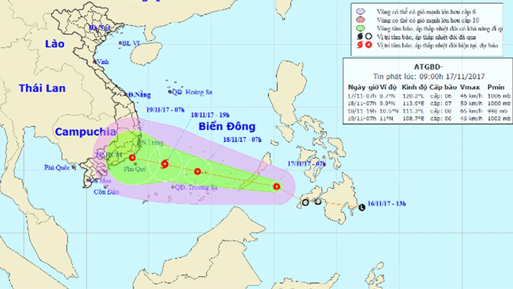Đường đi và vị trí của áp thấp nhiệt đới. Ảnh: NCHMF