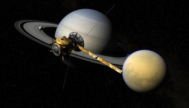 圖中為土星、凱西尼號探測器和土星最大的衛星土衛六。(資料圖源：互聯網)