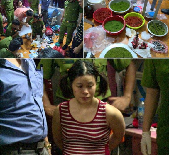 大圖為女嫌犯武氏金銀。小圖為毒品物證及配製原料。（圖源：互聯網）