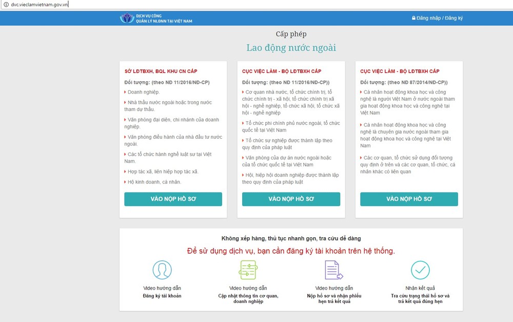 自今年10月2日起，對在越南工作的外籍勞工可通過互聯網簽發勞動許可證。（圖源：dvc.vieclamvietnam.gov.vn網頁截圖）
