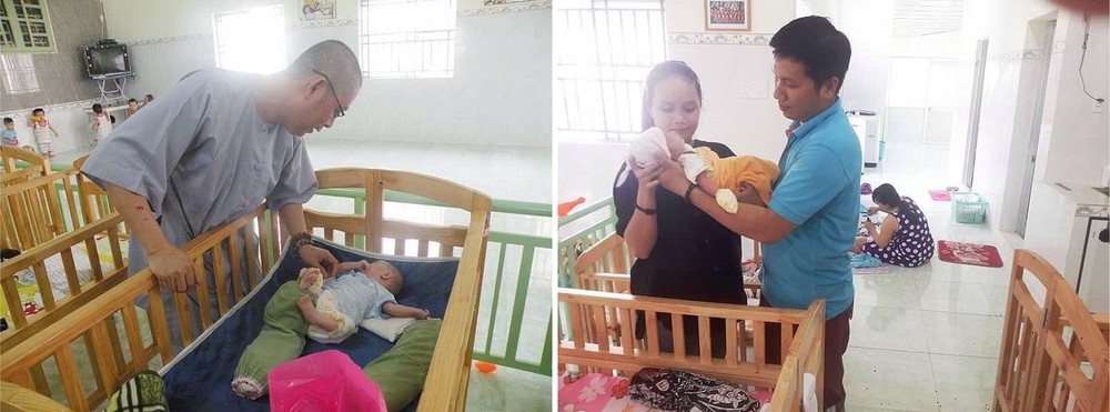阮文林同孩子談話(左圖)。阮文福指引媬姆如何正確地抱新生兒。