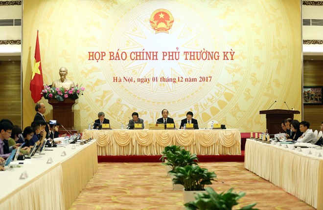 圖為政府辦公廳主任梅進勇部長日前傍晚在政府例行新聞發佈會現場一隅。（圖源：南阮）