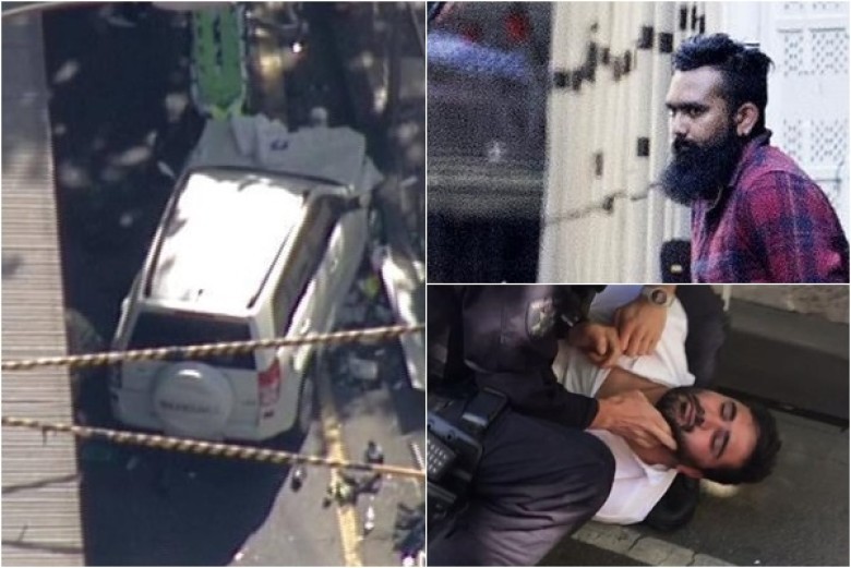 白色汽車（左圖）撞向行人與兩疑犯被捕。（圖源：互聯網）