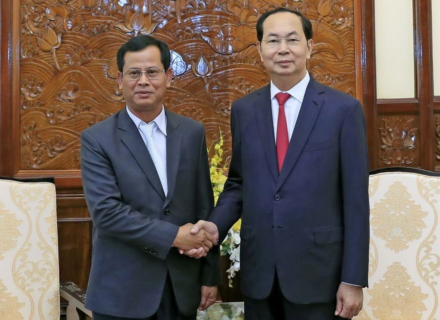 國家主席陳大光接見老撾人民民主共和國安全部副部長貢通‧豐維吉。(圖源:顏創)
