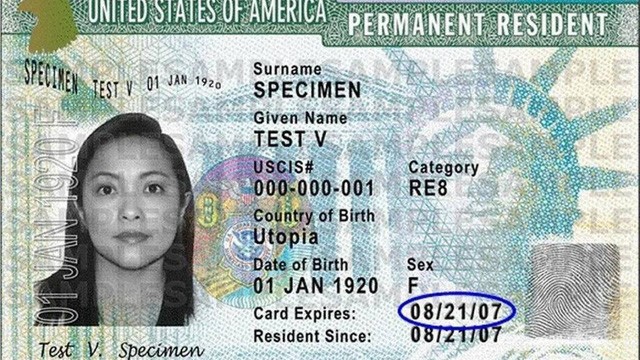 圖為美國綠卡樣本。(示意圖源:USCIS)