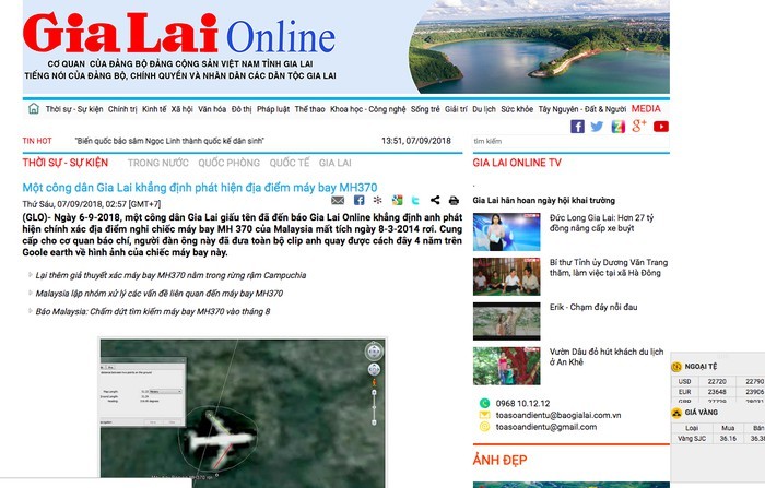 《嘉萊報》網站上發佈肯定發現馬航MH370客機墜毀地點的一則新聞。（圖源：網站截圖）