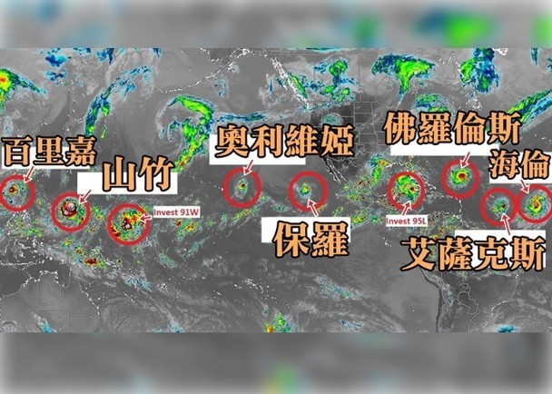 全球 9 股熱帶氣旋連成一線。(圖源:互聯網)