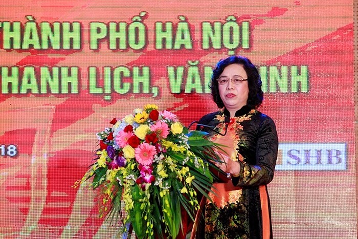 河內市市委常務副書記武氏清姮在頒獎儀式上發言。（圖源：藍青）