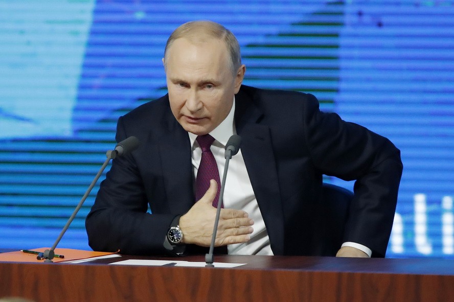 當地時間20日12時，俄羅斯總統普京在莫斯科國際貿易中心大廳出席年度大型記者會。（圖源：路透社）