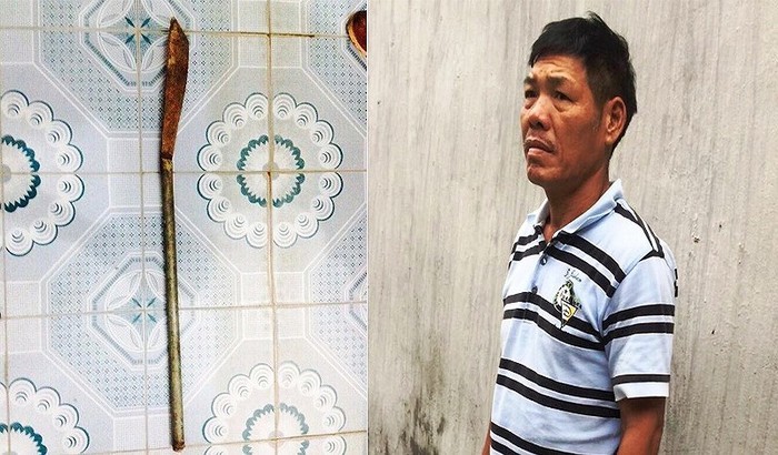 被扣押的嫌犯黃文五與涉案長柄刀。（圖源：寶簪）