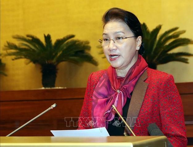 國會主席阮氏金銀在會議上發表講話。（圖源：越通社）