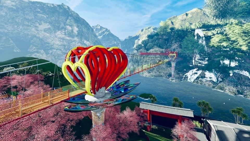 圖為山羅省沐州縣崖嫣瀑布 5D 玻璃橋效果圖。（圖源：Queen Việt）