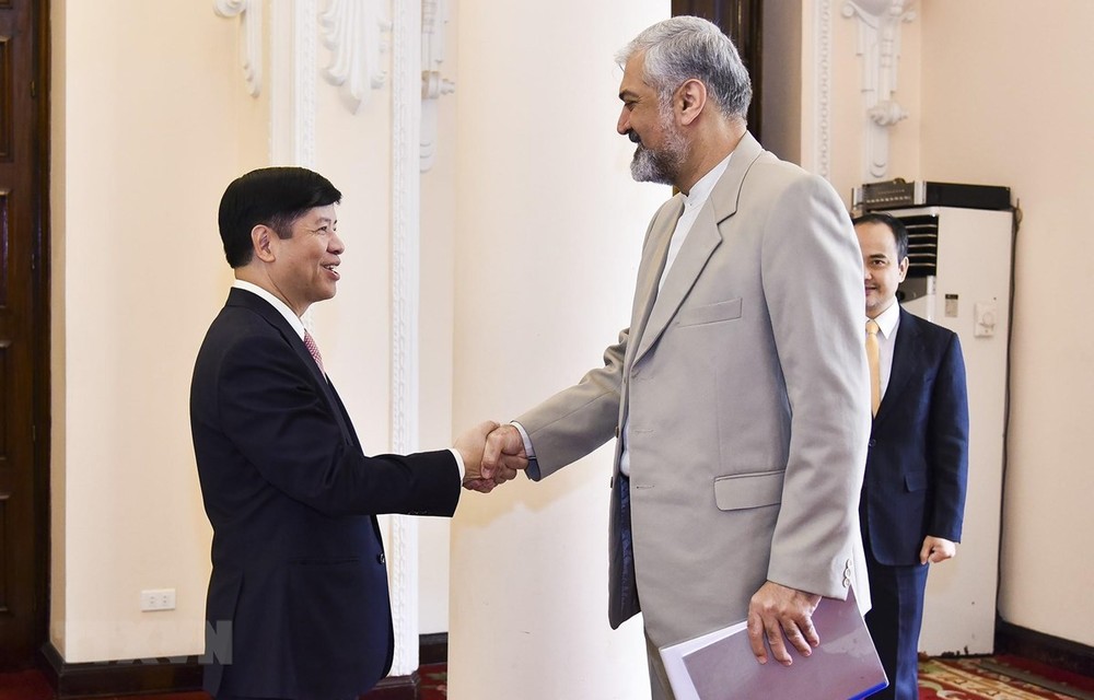 外交部副部長阮國強（左）與伊朗伊斯蘭共和國外交部第一副部長Morteza Sarmadi親切握手。（圖源：越通社）